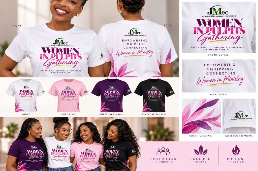 A collage of shirts from the 'Women in Pulpits Gathering' event showcasing various colors and designs.